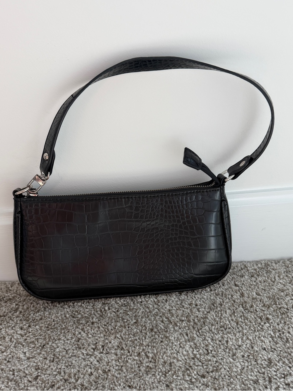 Black Croc-Embossed Shoulder Bag